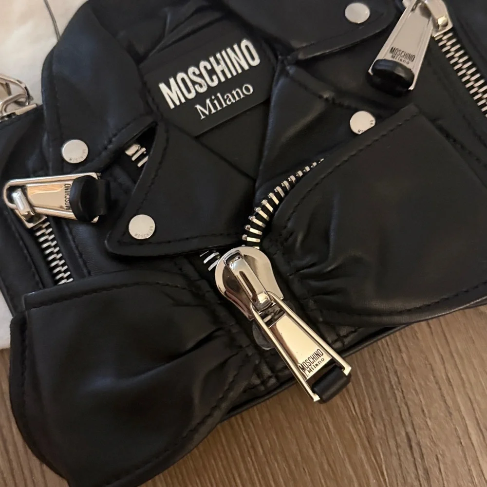 Moschino black leather biker bag clutch with silver hardware
